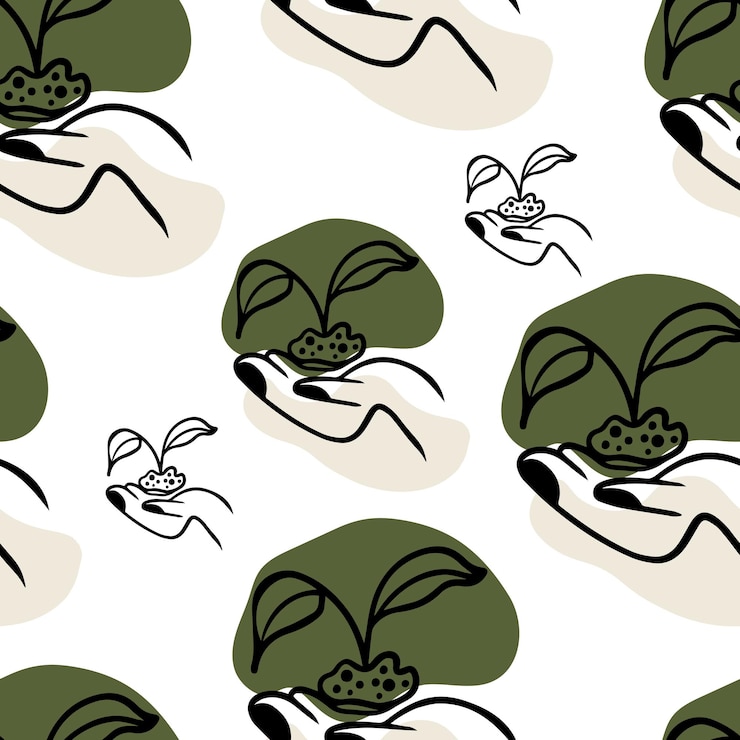 Vettore modello senza cuciture doodle mano che tiene una pianta