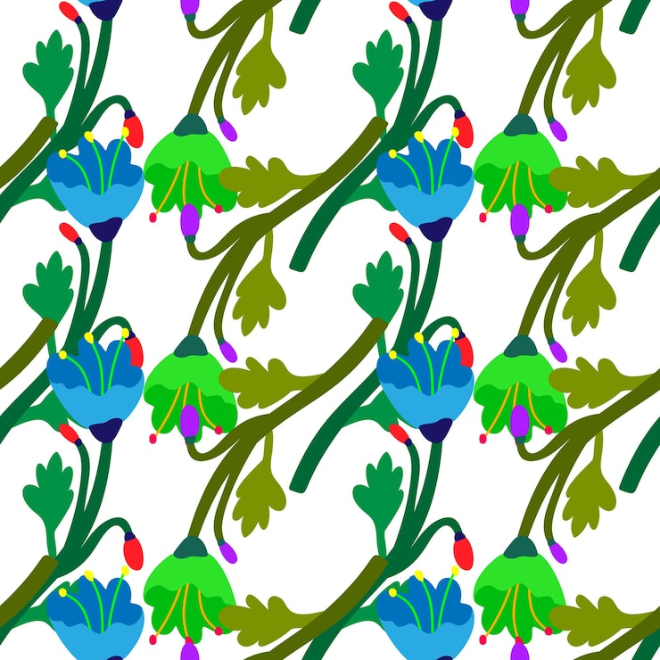 Vettore modello senza cuciture fiore botanico vintage arte ingenua strana carta da parati floreale