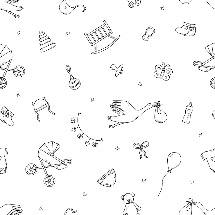 Vettore modello senza cuciture icone neonato impostate stile doodle illustrazione vettoriale di elementi per un bambino