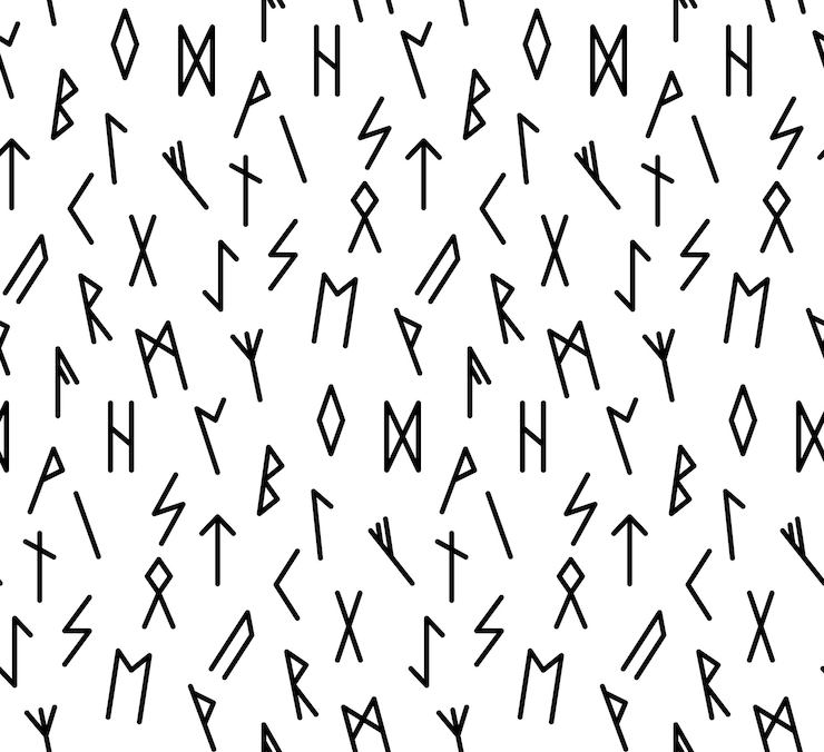 Vettore modello senza cuciture islandese norvegese etnico. talismani runici dei vichinghi e dei popoli del nord. rune magiche e magiche. segni pagani. sfondo ripetibile futhark. illustrazione vettoriale.