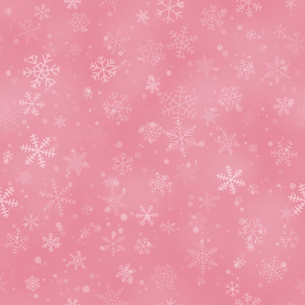 Modello senza cuciture natalizio di fiocchi di neve di diverse forme, dimensioni e trasparenza, su sfondo rosa