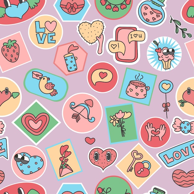 Modello senza cuciture Patch perni francobolli o adesivi Divertenti personaggi comici carini amano San Valentino
