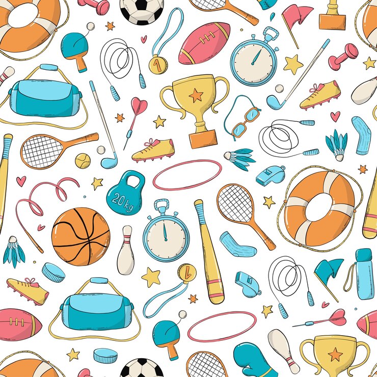 modello senza cuciture per sport e fitness con scarabocchi su sfondo bianco per carta da imballaggio