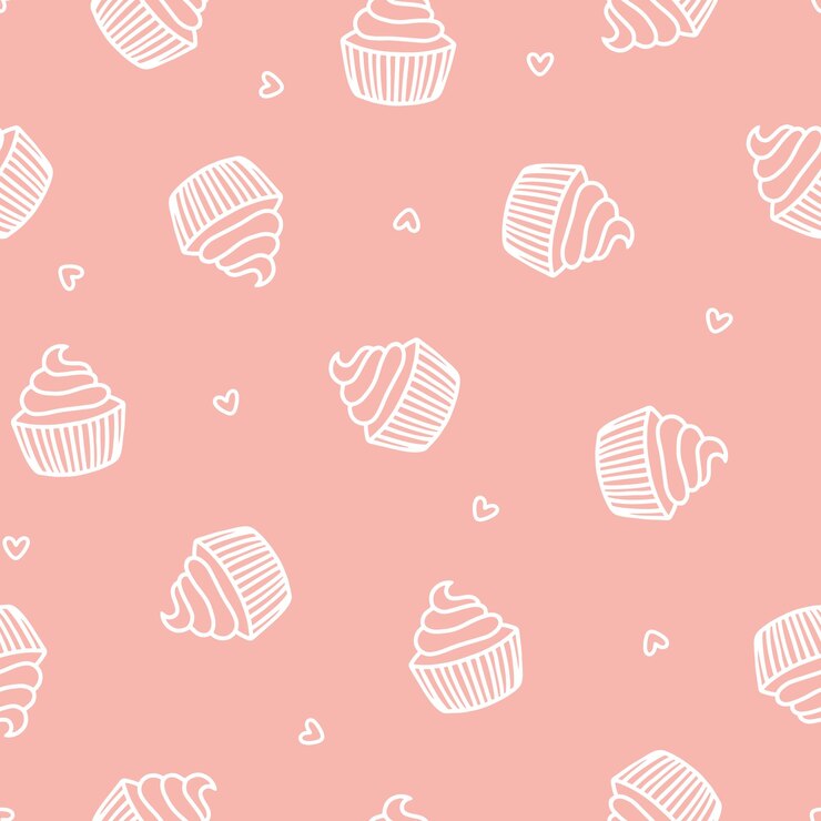 Vettore modello senza cuciture rosa con cupcake bianco e cuori