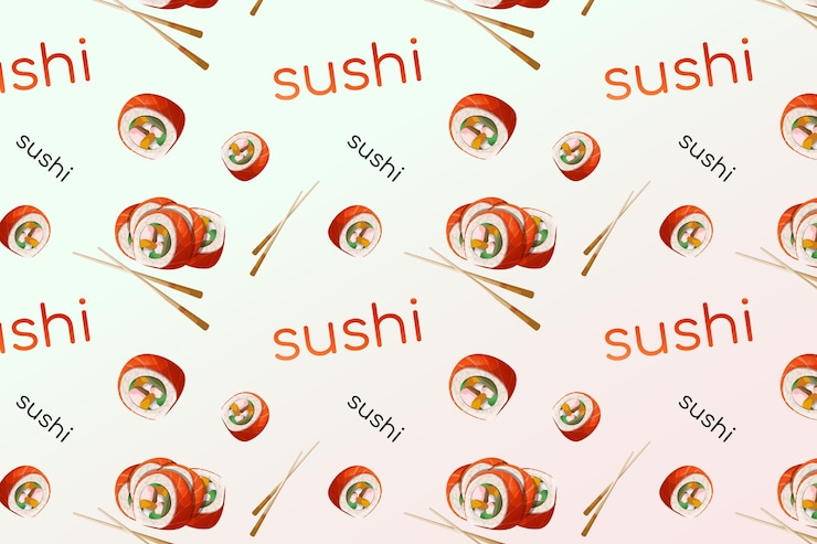 Vettore modello senza cuciture rotoli di sushi asiatici con salmone