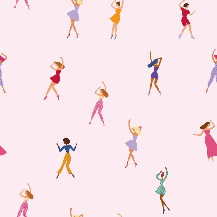 Vettore modello senza cuciture su sfondo rosa donne danzanti in stile piatto attraenti ragazze eleganti di diverse nazionalità