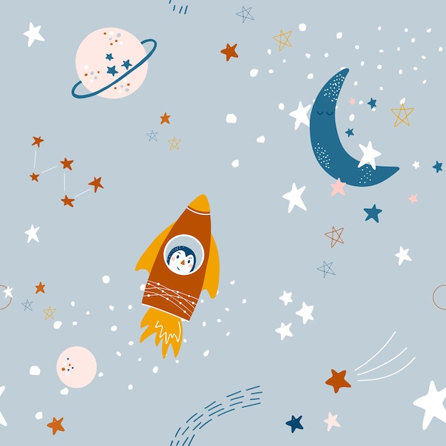 Modello senza cuciture sveglio con razzi, stelle, luna e pianeti. Contesto cosmico del bambino di vettore.