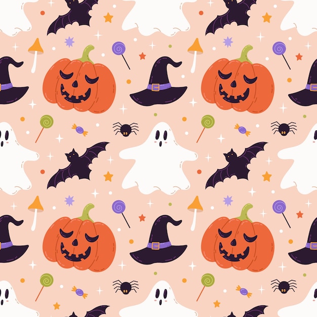 Modello senza cuciture sveglio di Halloween con caramelle di pipistrello cappello fantasma zucca elementi disegnati a mano