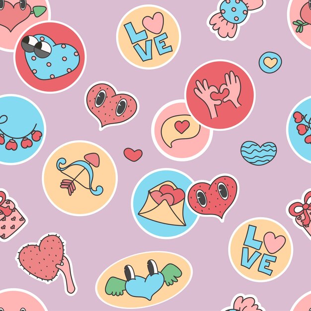 Modello senza cuciture Varie toppe, perni, francobolli o adesivi Divertente carino fumetto amore San Valentino