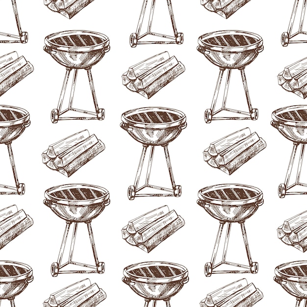 Modello senza cuciture vettoriale disegnato a mano di barbecue e legna da ardere Illustrazione di doodle vintage Schizzo per menu ed etichette di caffè L'immagine incisa