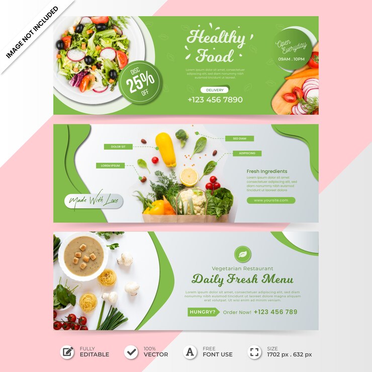 Modello sociale dell'insegna della copertura di cronologia di media sociali dell'alimento sano con la foto