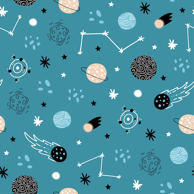Modello spazio senza soluzione di continuità. Razzi, stelle, pianeti, sistema solare, costellazioni, elementi cosmici.
