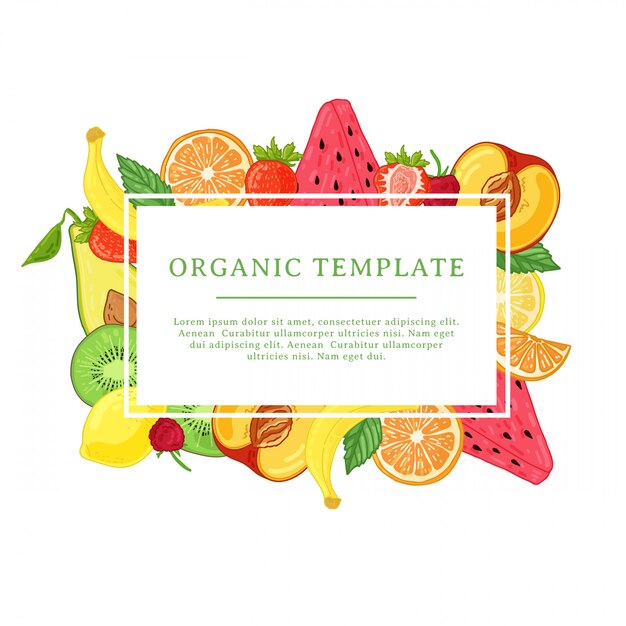 Modello struttura banner con decorazione di frutta. Cornice rettangolare con decoro di frutta sana e succosa. Scheda con spazio per il testo sullo sfondo cibo vegetariano estivo naturale. .