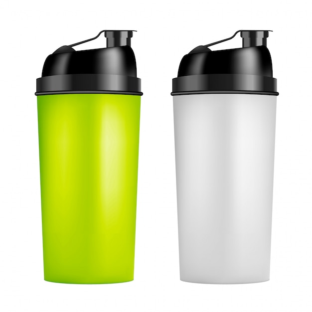 Modello struttura shaker per proteine. Bottiglie sportive a due colori. Bottiglia shaker per bodybuilding in palestra