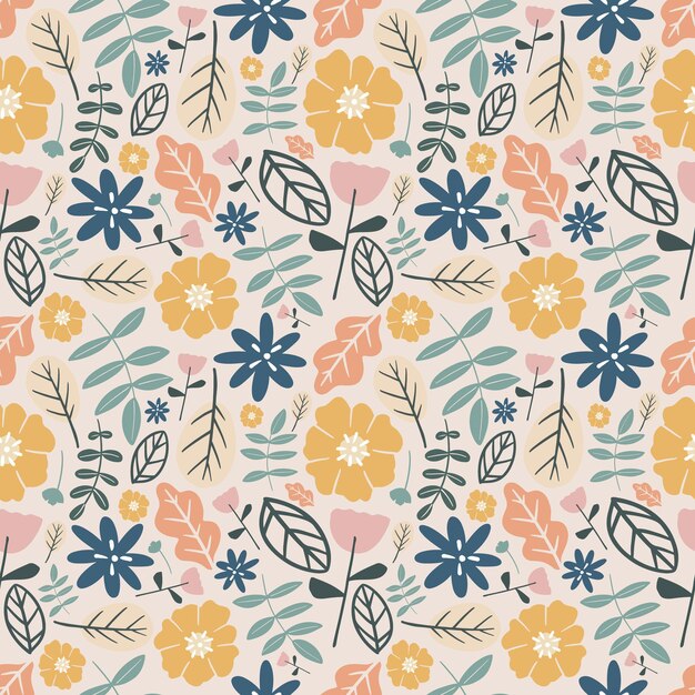 Modello unico di fiori e foglie di disegno a mano con icone ed elementi di design