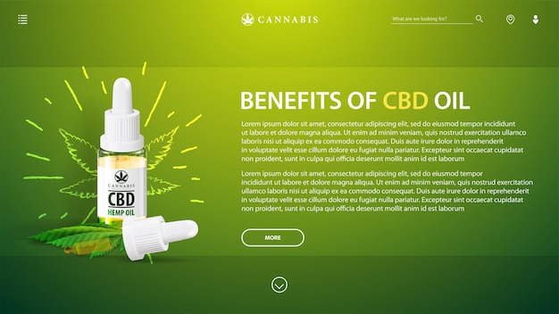 Modello verde con bottiglia di vetro trasparente di olio di CBD medico e foglia di canapa. Modello Web con copia spazio e benefici per la salute del CBD da cannabis, canapa, marijuana