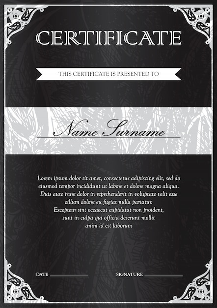 Modello verticale certificato nero e diploma. Vuoto del coupon premio.