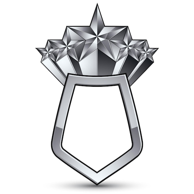 Modello vettoriale araldico 3d con cinque stelle d'argento pentagonali, medaglione geometrico reale dimensionale complicato isolato su sfondo bianco.