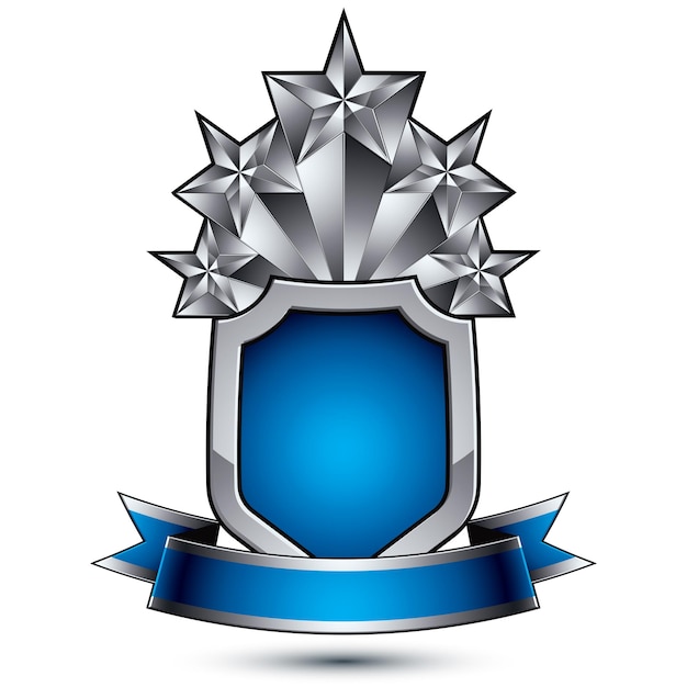 Modello vettoriale araldico con cinque stelle d'argento pentagonali poste sopra lo scudo di sicurezza e decorato con striscia ondulata blu, blasone geometrico reale 3d argento isolato su sfondo bianco.