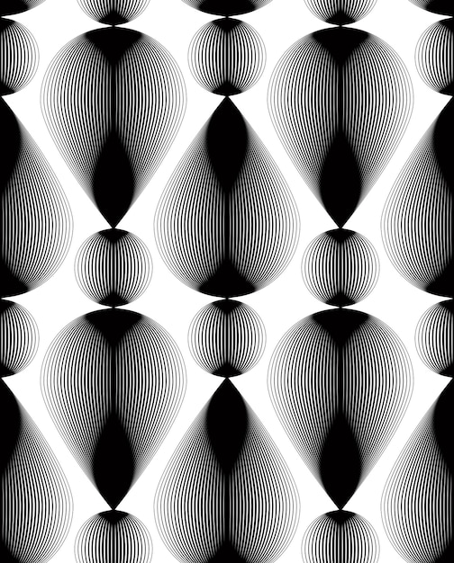 Modello vettoriale continuo con linee grafiche nere, sfondo astratto decorativo con figure geometriche. Sfondo ornamentale monocromatico senza cuciture, può essere utilizzato per il design e il tessile.