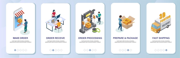 Modello vettoriale degli schermi di onboarding dell'app mobile per la stampa 3d online