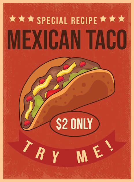 Modello vettoriale del poster promozionale della pubblicità retrò del bar taco di cibo messicano