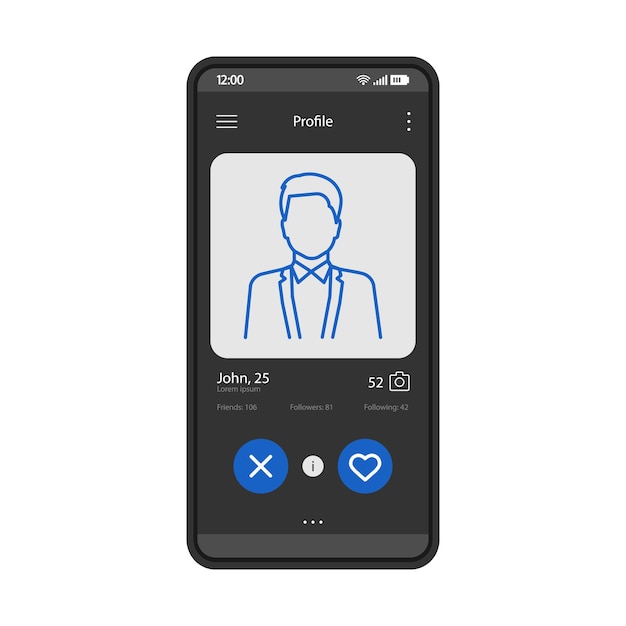 Modello vettoriale dell'interfaccia del profilo dell'app di incontri