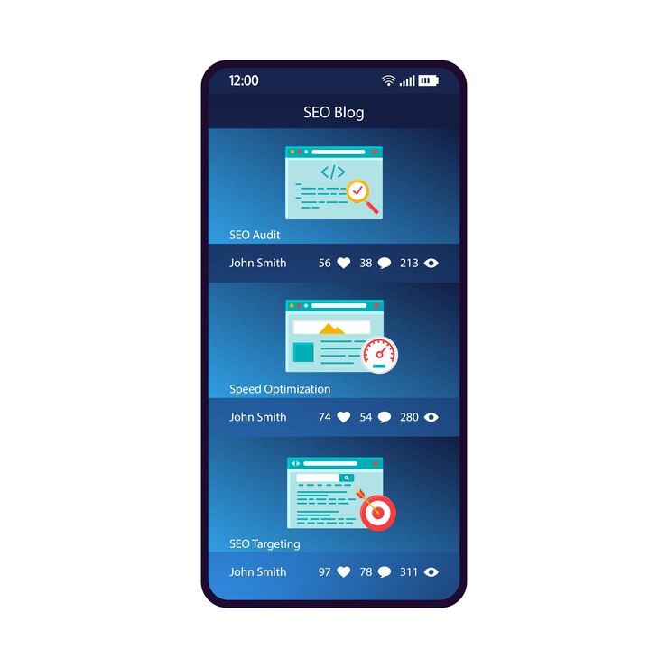 Vettore modello vettoriale dell'interfaccia per smartphone dell'app di blogging seo