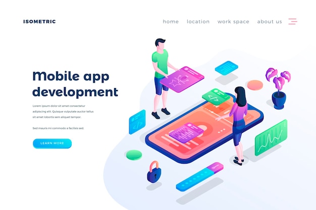 Modello vettoriale della pagina di destinazione per lo sviluppo di app mobili Programmazione e progettazione grafica homepage del sito Web Idea dell'interfaccia utente con illustrazioni isometriche Banner web di prototipazione di applicazioni Concetto di cartone animato 3D