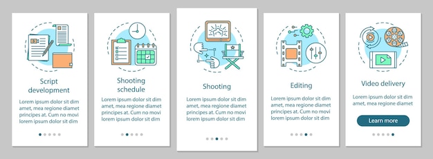 Modello vettoriale della schermata della pagina dell'app mobile di onboarding della produzione video. Processo di realizzazione del film. Cinematografia. Procedura dettagliata del sito Web con illustrazioni lineari. UX, UI, concetto di interfaccia per smartphone GUI
