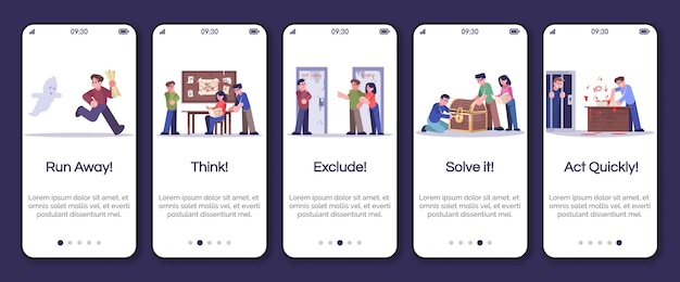 Modello vettoriale dello schermo dell'app mobile per l'onboarding della stanza di fuga