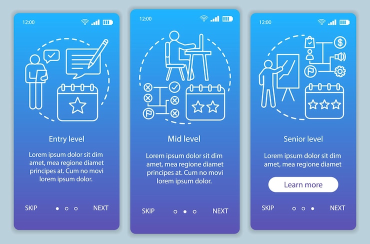Vettore modello vettoriale dello schermo della pagina dell'app mobile per l'onboarding blu dell'esperienza di lavoro