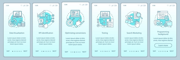 Modello vettoriale dello schermo della pagina dell'app mobile per l'onboarding della pianificazione aziendale. Marketing e campagna pubblicitaria. Procedura dettagliata del sito Web. Test di nicchia aziendale. Concetto di interfaccia per smartphone UX, UI, GUI