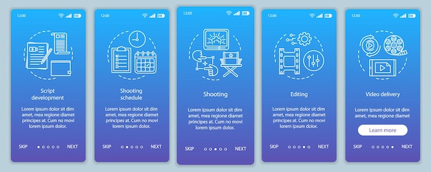 Modello vettoriale dello schermo della pagina dell'app mobile per l'onboarding della produzione video