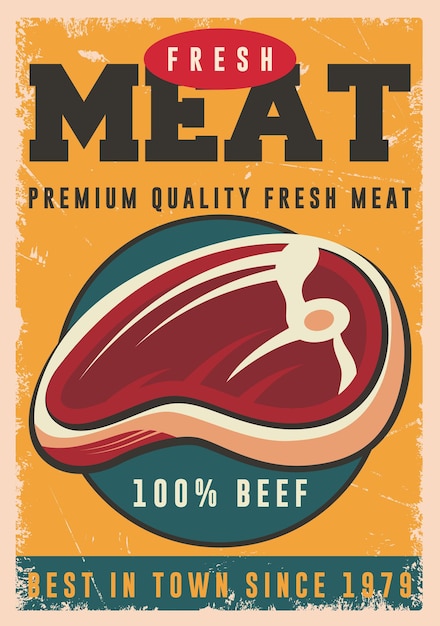 Modello vettoriale di progettazione poster retrò promozionale di carne fresca