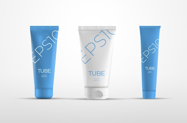 Modello vettoriale di tubi di plastica di colore bianco e blu per crema per la cura del corpo. Mockup di contenitore con coperchio isolato su sfondo per la presentazione del design. Set di confezioni per lozione