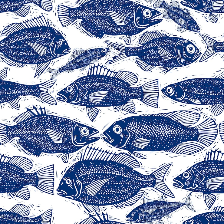 Vettore modello vettoriale infinito di pesci d'acqua dolce, piastrellatura senza cuciture a tema natura e marino. sfondo di frutti di mare, sfondo idea zoologia.