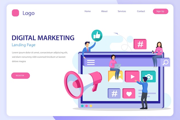 Modello vettoriale piatto del sito Web della pagina di destinazione del marketing digitale