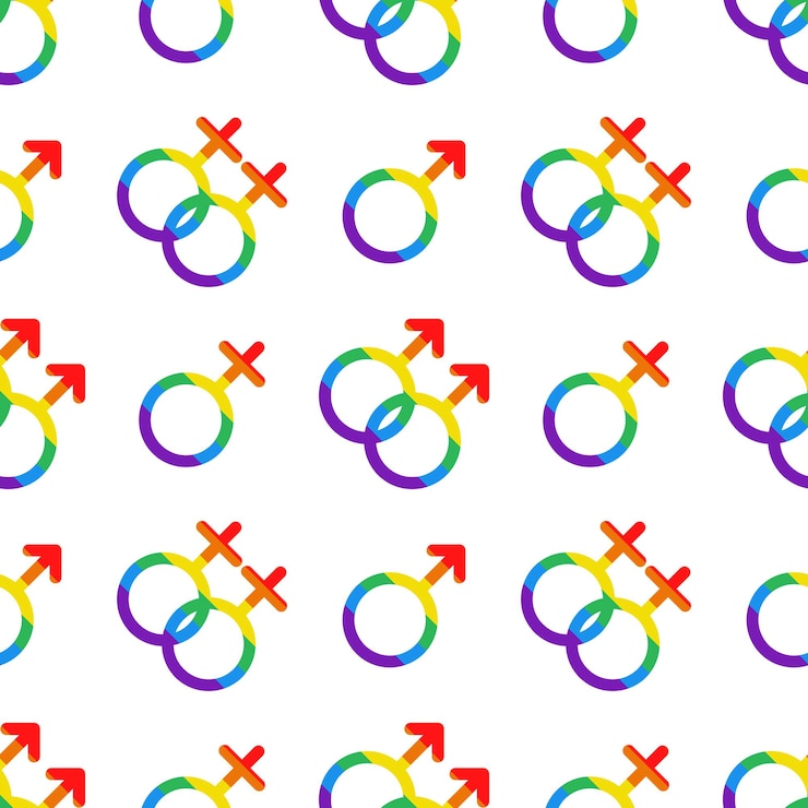 Vettore modello vettoriale senza cuciture con simboli lgbt maschili e femminili segni di venere e marte nei colori dell'arcobaleno modello lgbtq del mese dell'orgoglio