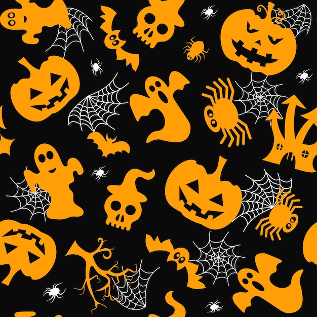 Modello vettoriale senza cuciture per il design di Halloween Simboli di Halloween zucca pipistrello fantasma in cartone animato