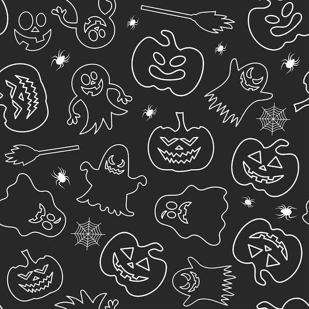 Modello vettoriale senza cuciture per il design di Halloween Simboli di Halloween zucca ragno fantasma in stile cartone animato Illustrazione vettoriale