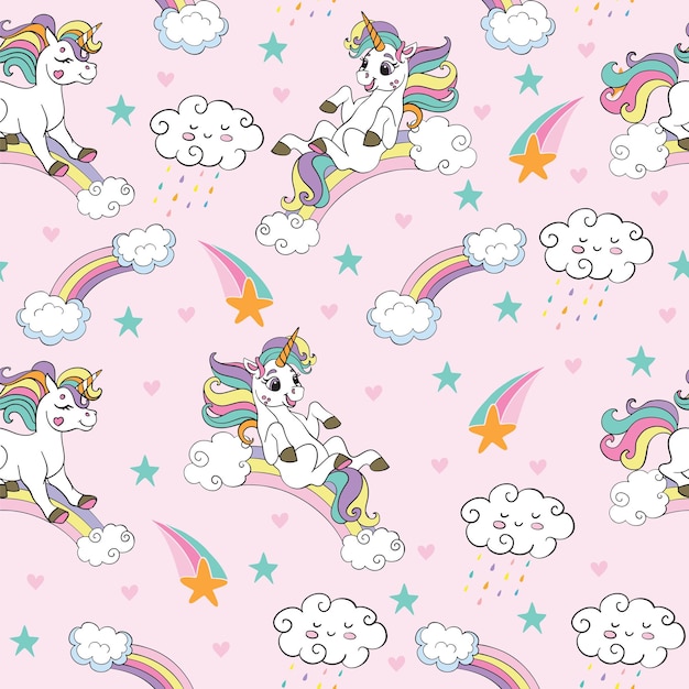 Modello vettoriale senza soluzione di continuità con divertenti unicorni rosa