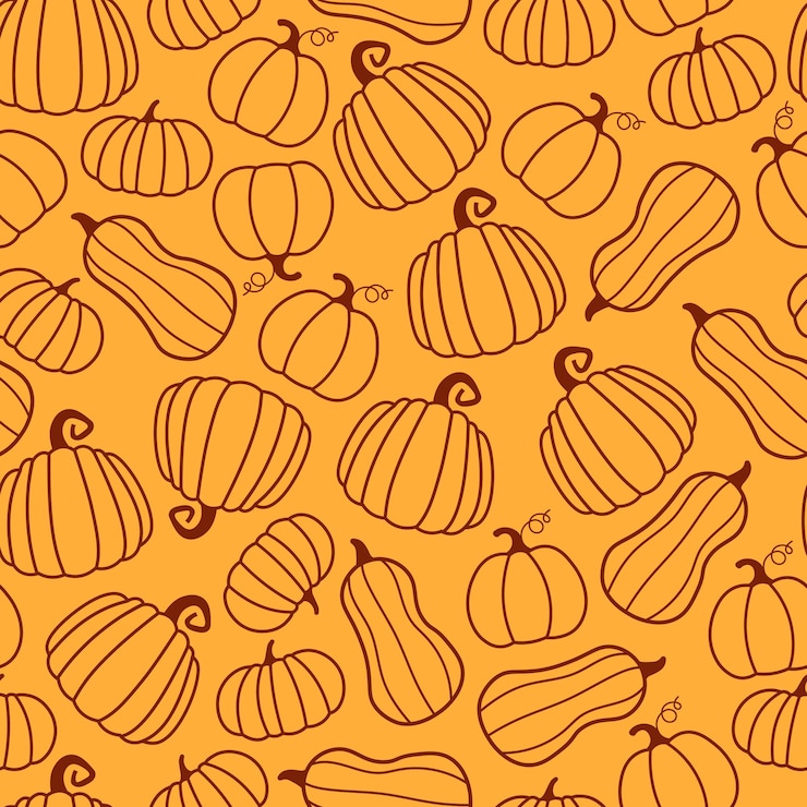 Vettore modello vettoriale senza soluzione di continuità con zucche di contorno. halloween e il giorno del ringraziamento. elementi autunnali.
