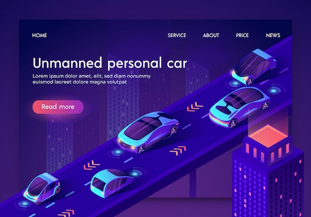 Modello web della pagina di destinazione con auto intelligente artificiale senza conducente sicura