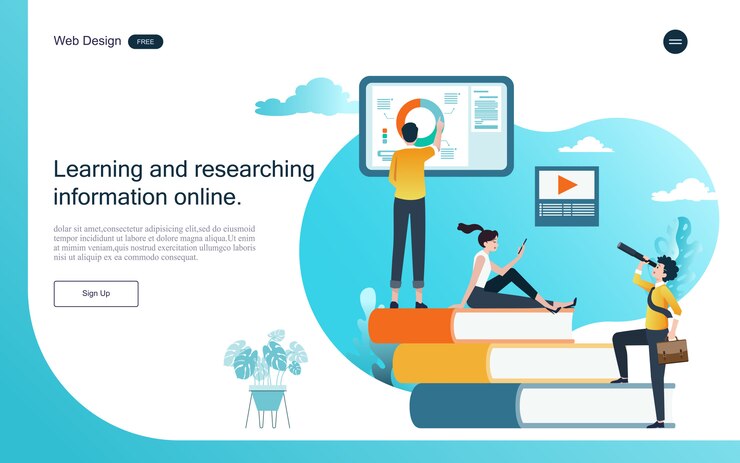 Vettore modello web della pagina di destinazione. concetto di educazione per l'apprendimento, la formazione e i corsi online.