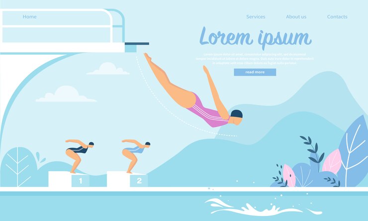 Modello web della pagina di destinazione per la competizione di nuoto con giovani sportivi che saltano nell&#39;acqua