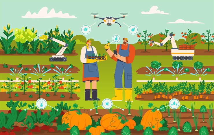 Moderna agricoltura intelligente con drone e concetto di robot