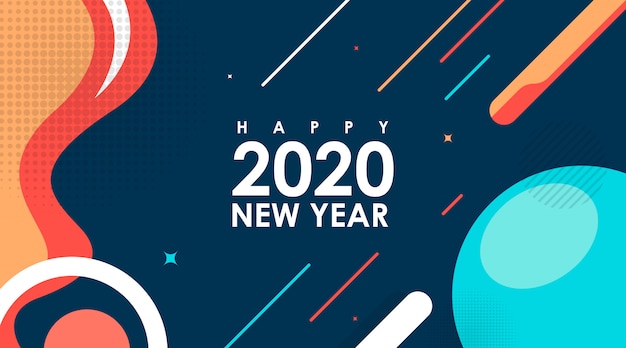 Moderna carta piatta di Happy New Year 2020 in Memphis Design