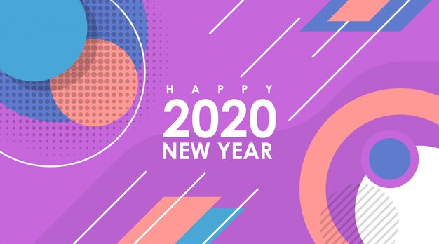 Moderna carta piatta di Happy New Year 2020 in Memphis Design