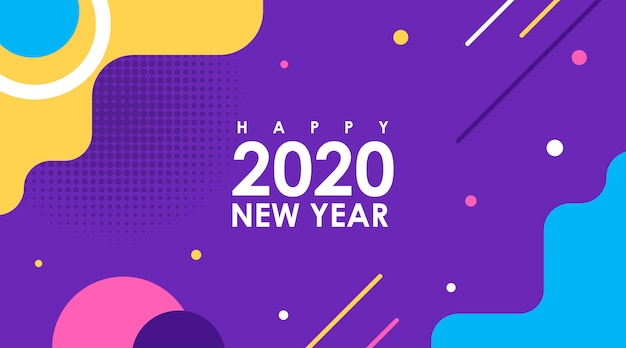 Moderna carta piatta di Happy New Year 2020 in Memphis Design